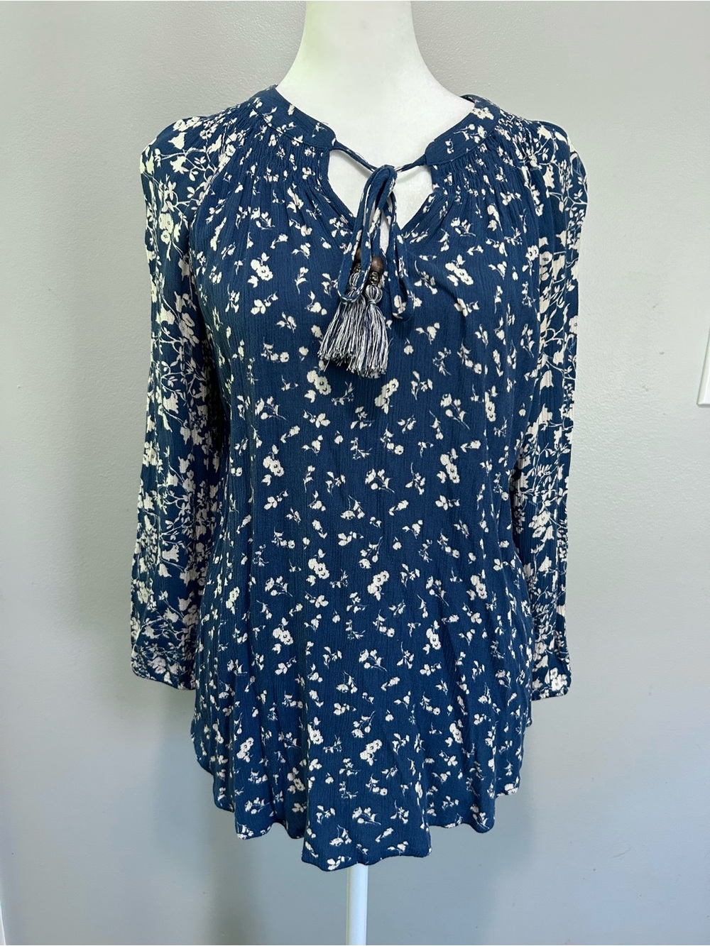 Boho Top Navy Blue Floral Tassel Tie Peasant Tunic Blouse